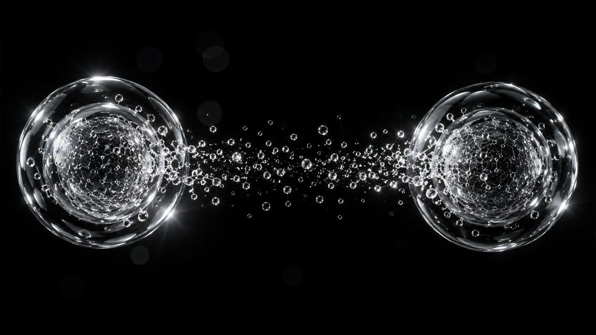 Microscopic particles moving between two immune cells