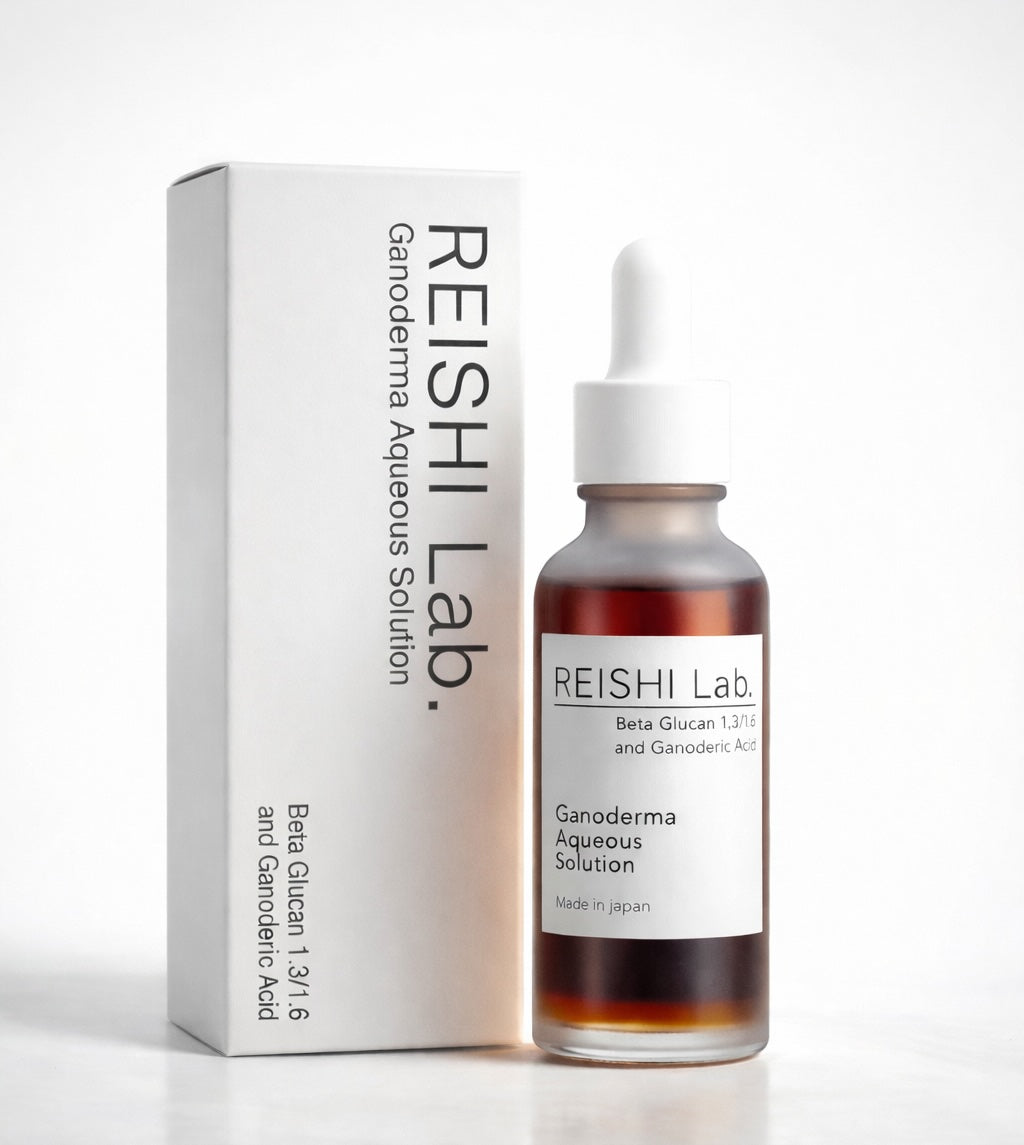 REISHI Lab. Morning Dew bottle, box, dropper, and hot water